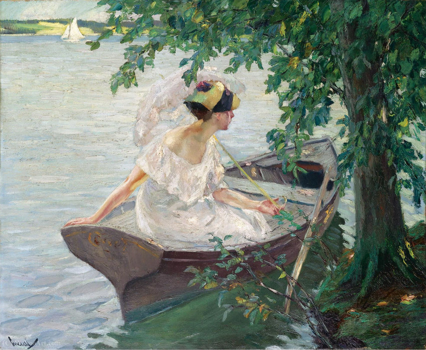Wikioo.org - สารานุกรมวิจิตรศิลป์ - จิตรกรรม Edward Cucuel - An Outing by Boat, (1917)