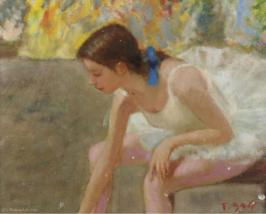 Wikioo.org - The Encyclopedia of Fine Arts - Painting, Artwork by François Gall - Marie-Lize, Young Ballerine with Blue Ribbon behind the Curtains