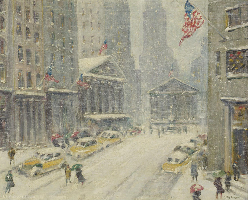 Wikioo.org - The Encyclopedia of Fine Arts - Painting, Artwork by Guy Carleton Wiggins - A View of Broad Street, the New York Stock Exchange and Treasury Building in the Distance