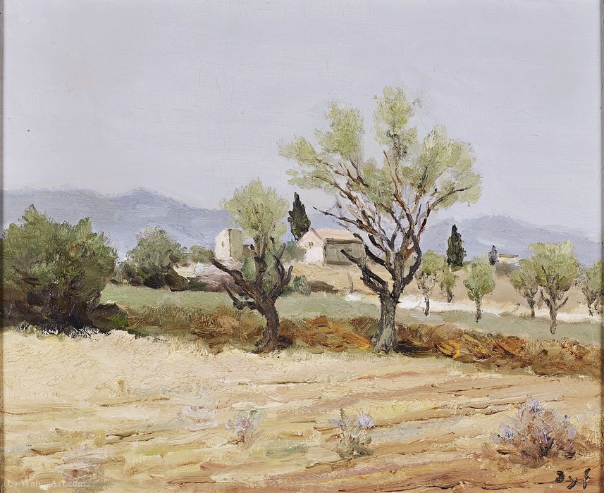 Wikioo.org - The Encyclopedia of Fine Arts - Painting, Artwork by Marcel Dyf - Almond Trees and the Tower of Egalieres