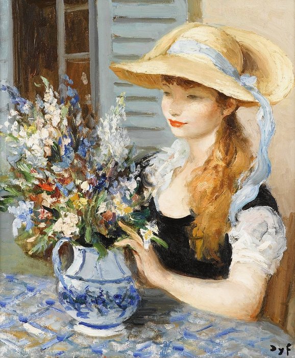 Wikioo.org - The Encyclopedia of Fine Arts - Painting, Artwork by Marcel Dyf - Claudine and Bouquet, (1956)