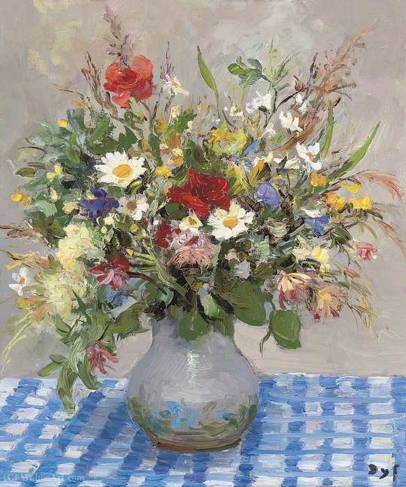 Wikioo.org - The Encyclopedia of Fine Arts - Painting, Artwork by Marcel Dyf - Wild Flowers on the Table-Cloth of Blue and White, (1977)