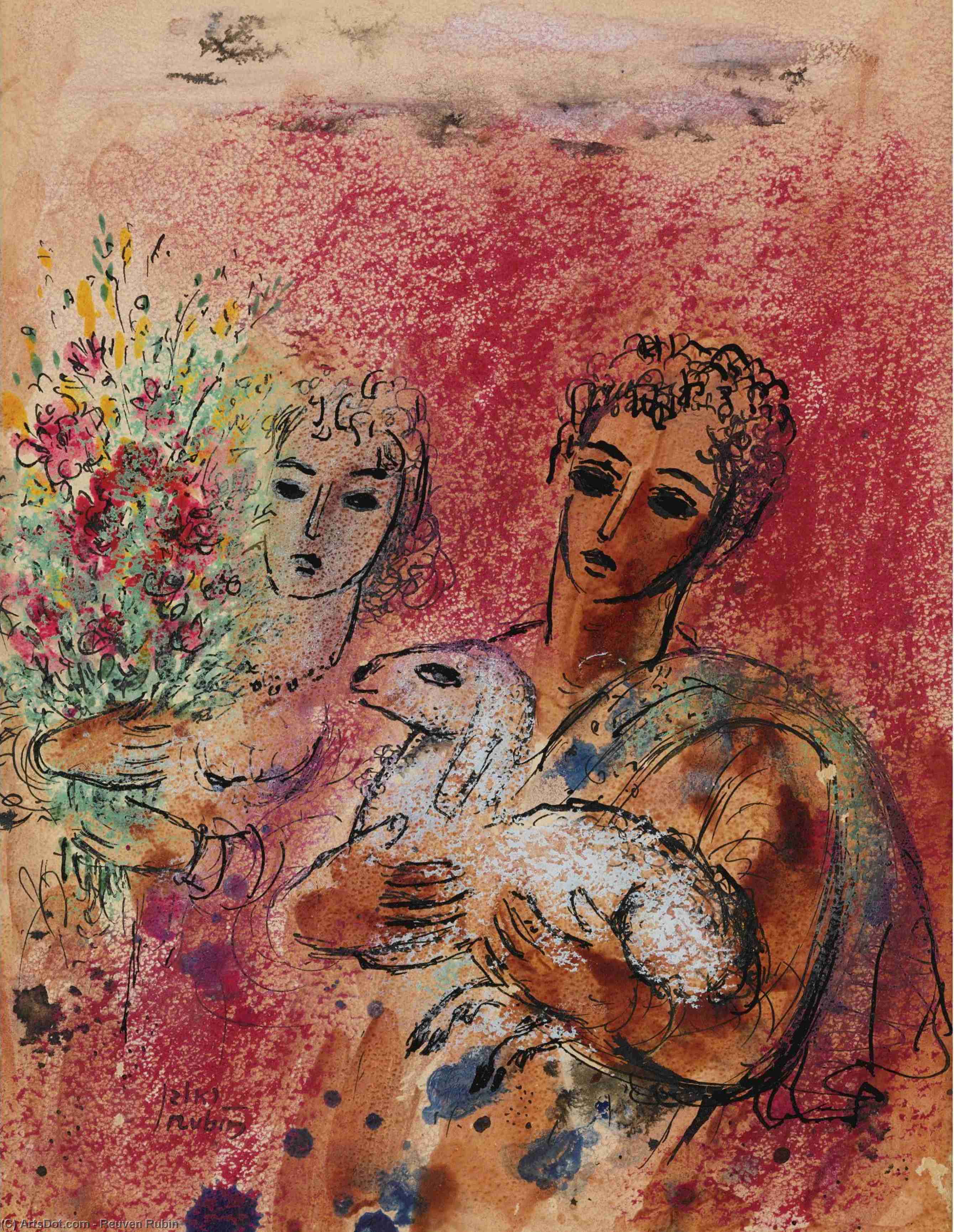 Wikioo.org - The Encyclopedia of Fine Arts - Painting, Artwork by Reuven Rubin - Couple with Lamb and Flowers