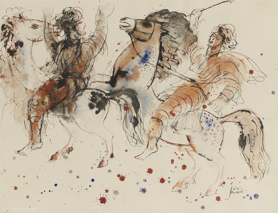 Wikoo.org - موسوعة الفنون الجميلة - اللوحة، العمل الفني Reuven Rubin - Horse riders, (1960)