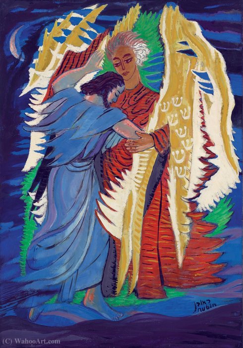 Wikioo.org – La Enciclopedia de las Bellas Artes - Pintura, Obras de arte de Reuven Rubin - Jacob y el ángel, (1970)