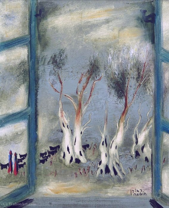 Wikioo.org - The Encyclopedia of Fine Arts - Painting, Artwork by Reuven Rubin - Olive Trees through the Window