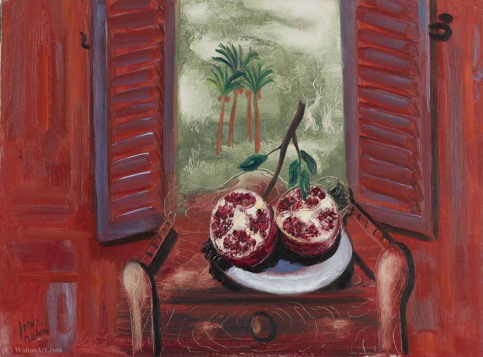 WikiOO.org - Encyclopedia of Fine Arts - Maľba, Artwork Reuven Rubin - Pomegranates - open window, (1964)