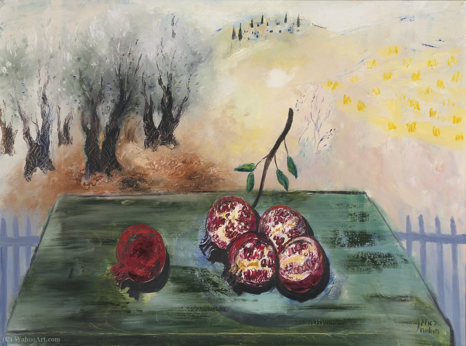 Wikioo.org - Bách khoa toàn thư về mỹ thuật - Vẽ tranh, Tác phẩm nghệ thuật Reuven Rubin - Pomegranates on Green Table, (1966)