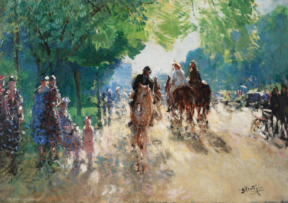 WikiOO.org - Encyclopedia of Fine Arts - Schilderen, Artwork Pierre-Eugène Montézin - The Forest of Boulogne, the Alley with Horsemen