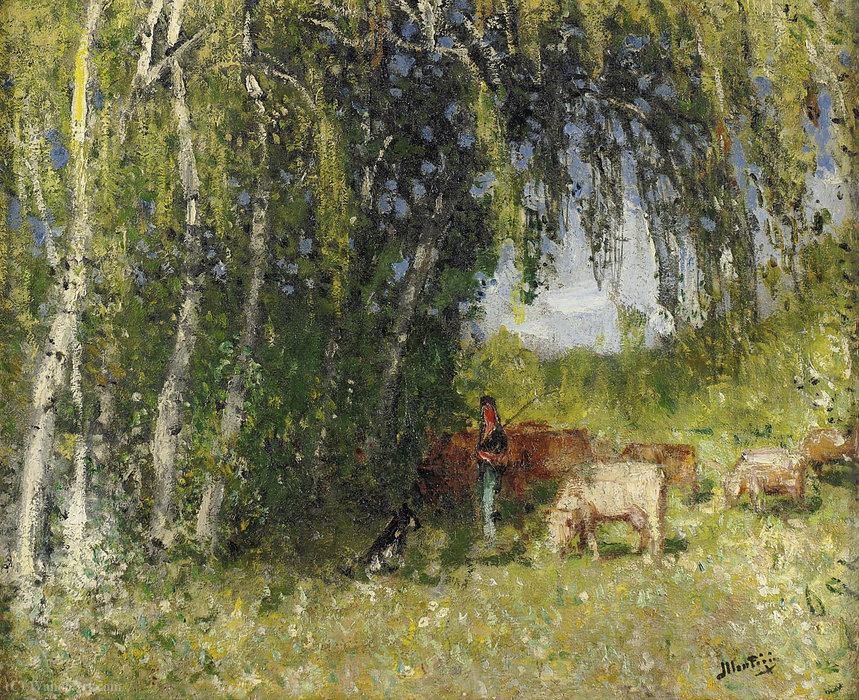 Wikioo.org - The Encyclopedia of Fine Arts - Painting, Artwork by Pierre-Eugène Montézin - The Herd in Birch Grove near the Creuse