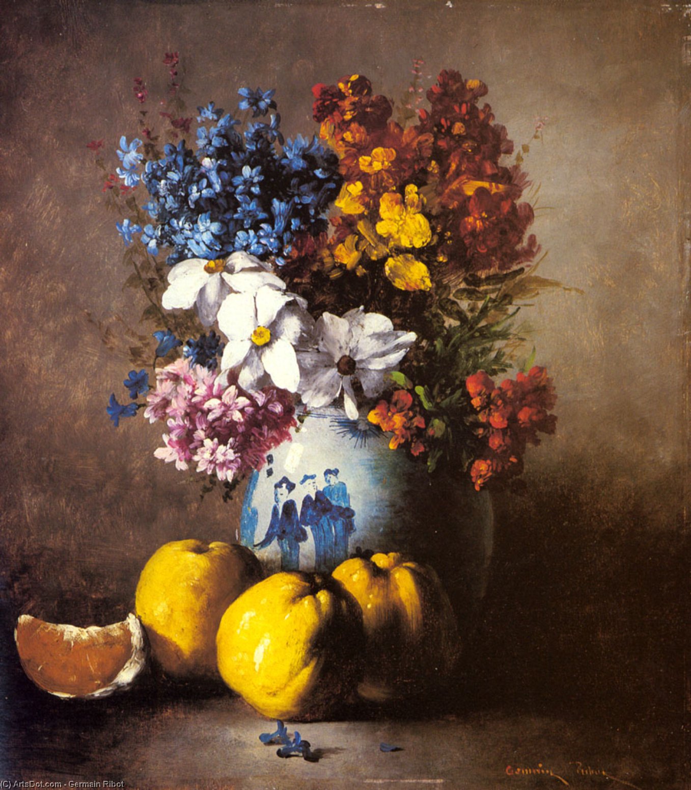 Wikioo.org - The Encyclopedia of Fine Arts - Painting, Artwork by Germain Ribot - A Still Life with a Vase of Flowers and Fruit