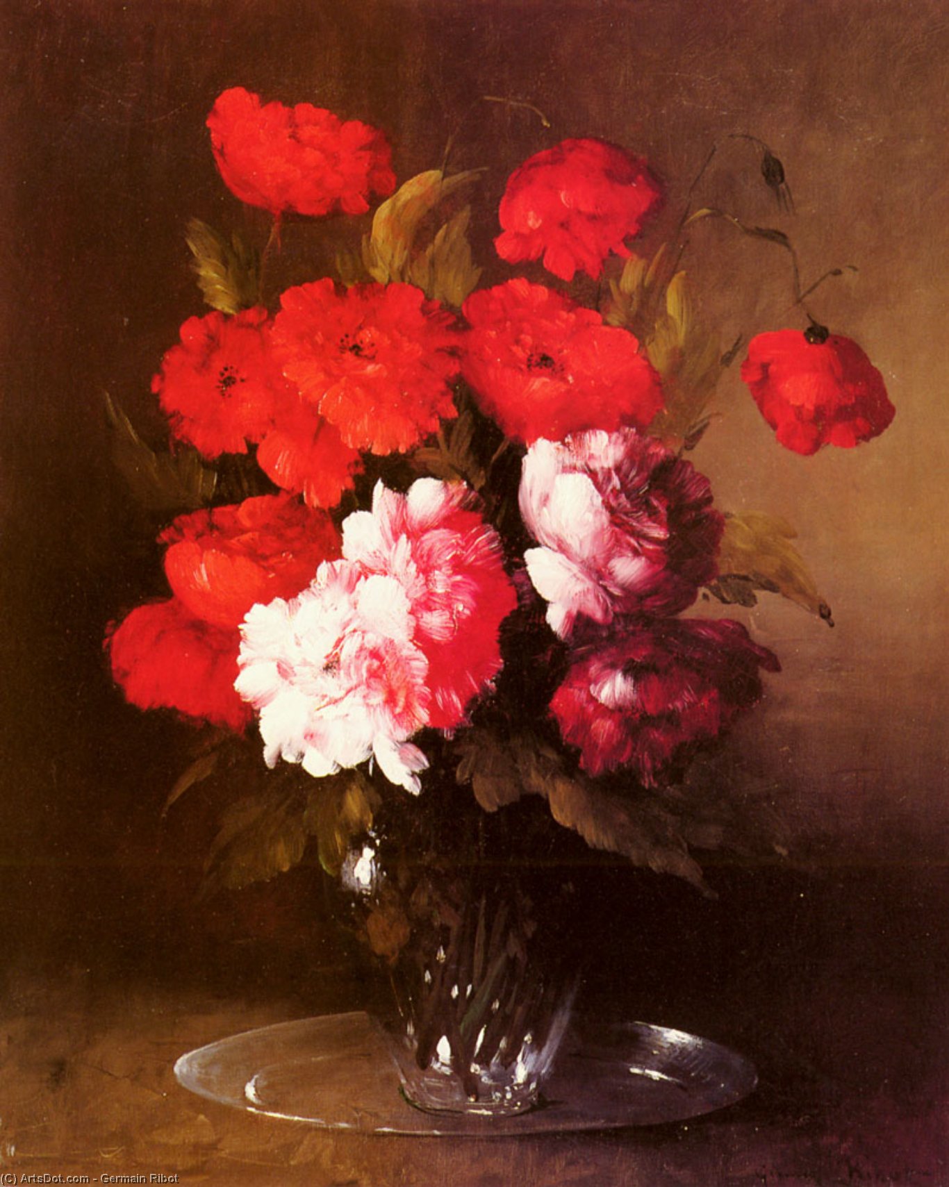 Wikioo.org - The Encyclopedia of Fine Arts - Painting, Artwork by Germain Ribot - Pink Peonies and Poppies in a Glass Vase