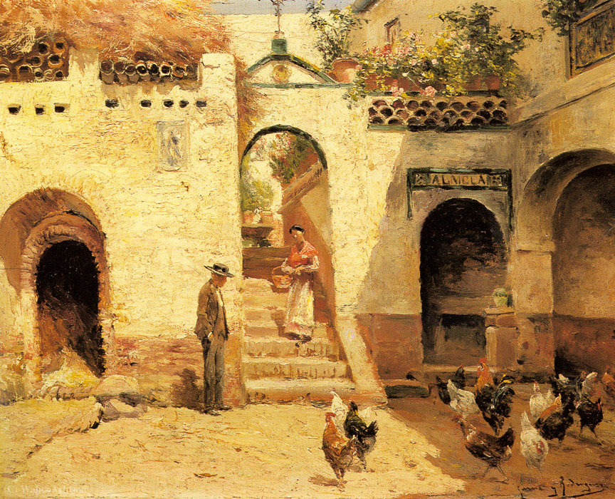 Wikioo.org - The Encyclopedia of Fine Arts - Painting, Artwork by Manuel Garcia Y Rodriguez - Feeding Poultry in a Courtyard