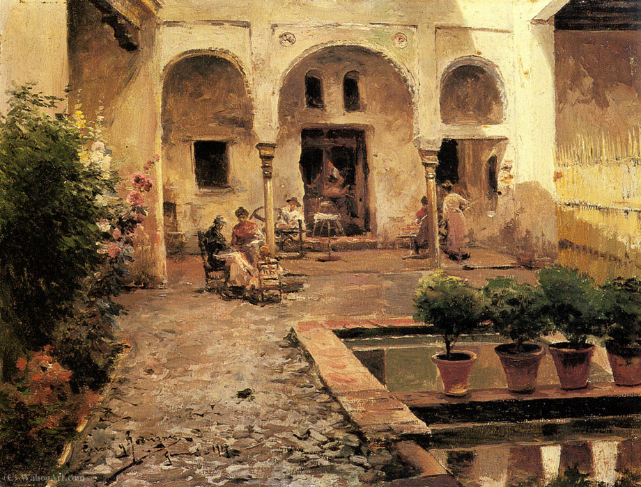 Wikioo.org - The Encyclopedia of Fine Arts - Painting, Artwork by Manuel Garcia Y Rodriguez - Figures in a Spanish Courtyard