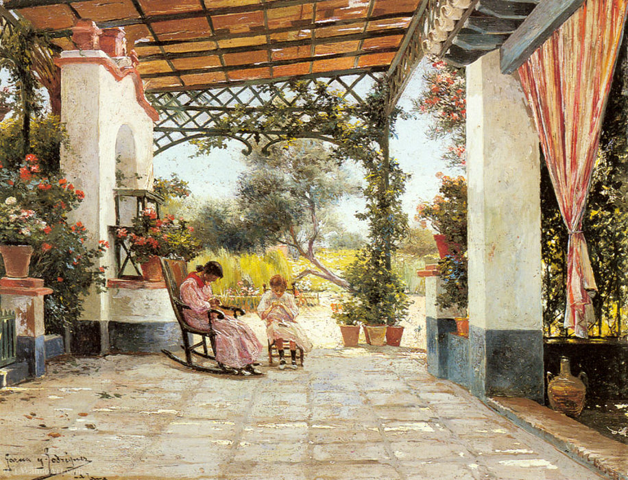 Wikioo.org - The Encyclopedia of Fine Arts - Painting, Artwork by Manuel Garcia Y Rodriguez - Mother and Daughter Sewing on a Patio
