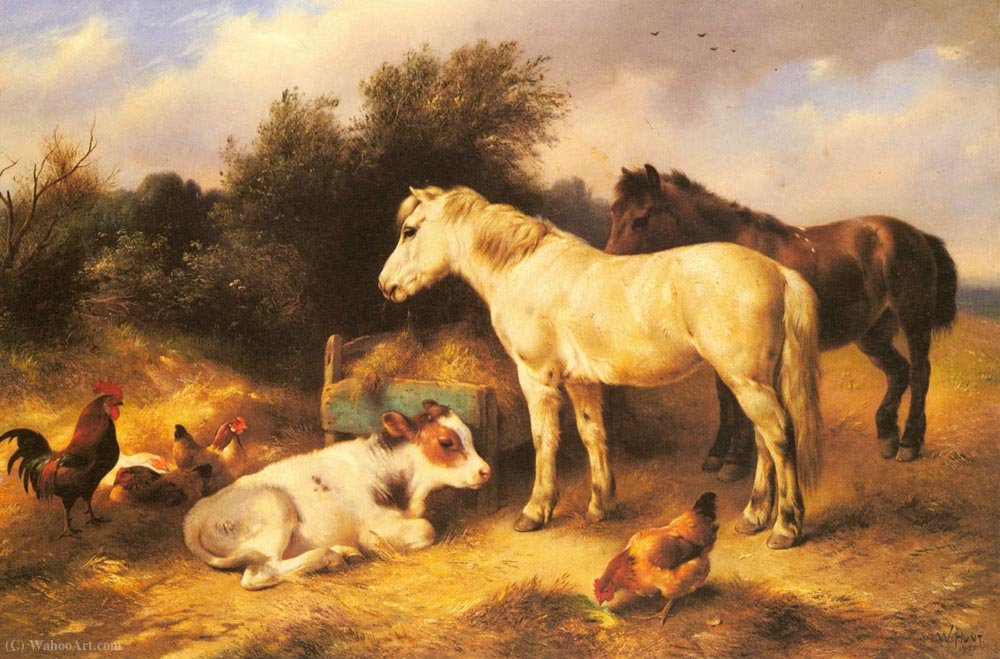 Wikioo.org - The Encyclopedia of Fine Arts - Painting, Artwork by Walter Hunt - Ponies, A Calf and Poultry In a Farmyard