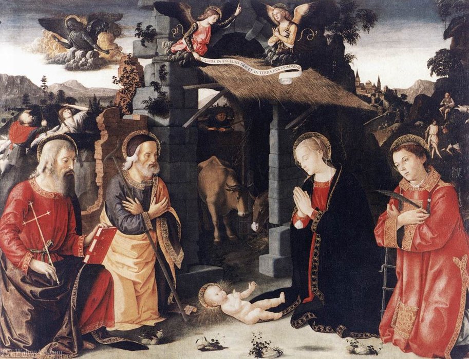 Wikioo.org - The Encyclopedia of Fine Arts - Painting, Artwork by Antoniazzo Romano - Nativity with Sts Lawrence and Andrew