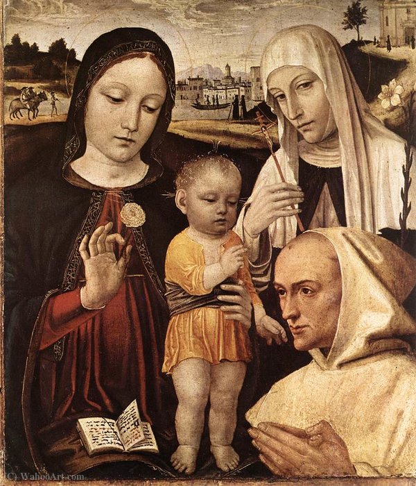 Wikioo.org - The Encyclopedia of Fine Arts - Painting, Artwork by Ambrogio Da Fossano (Ambrogio Bergognone) - Madonna and Child, St Catherine and the Blessed Stefano Maco