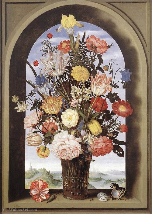WikiOO.org - Enciclopédia das Belas Artes - Pintura, Arte por Dubois Ambroise (Ambrosius Bosschaert) - Bouquet in an Arched Window