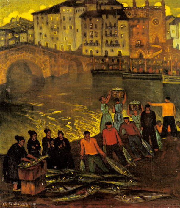 WikiOO.org - Encyclopedia of Fine Arts - Lukisan, Artwork Eduardo Zamacois Zabala - Fisherfolk in a Harbour Town