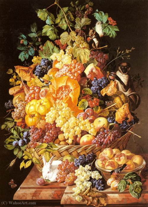 Wikioo.org - The Encyclopedia of Fine Arts - Painting, Artwork by Leopold Zinnogger - A Basket of Fruit with Animals
