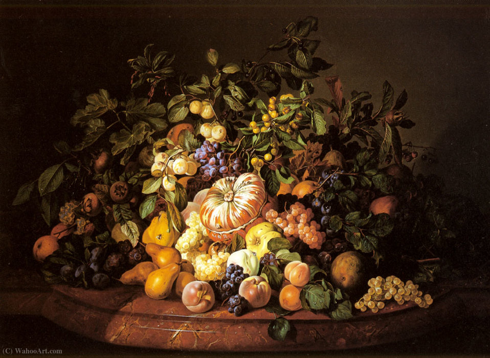 Wikioo.org - The Encyclopedia of Fine Arts - Painting, Artwork by Leopold Zinnogger - A Still Life of Fruit on a Marble Ledge