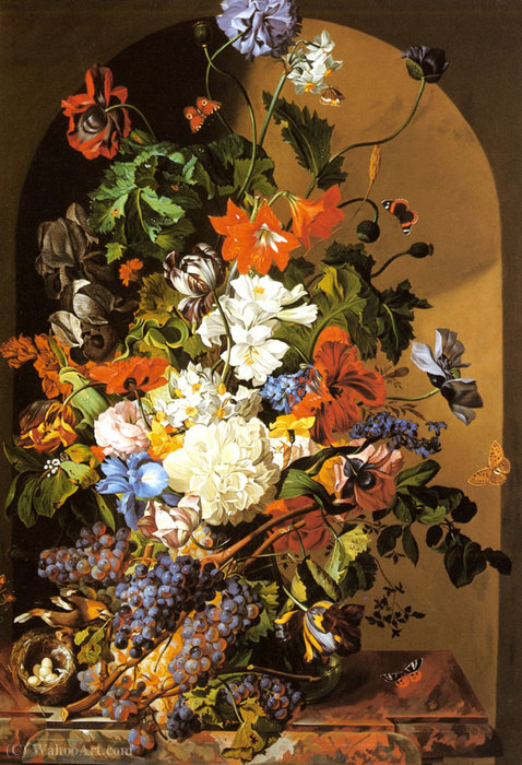Wikioo.org - The Encyclopedia of Fine Arts - Painting, Artwork by Leopold Zinnogger - A Still Life with Flowers and Grapes