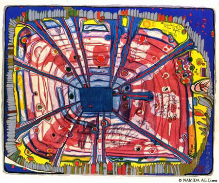 Wikioo.org - The Encyclopedia of Fine Arts - Painting, Artwork by Friedensreich Hundertwasser - A Rain of Blood Is Falling Into the Garden