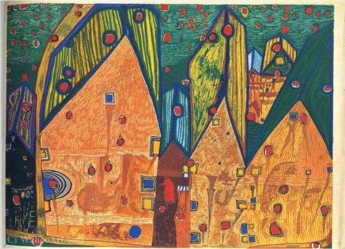 WikiOO.org - Enciclopédia das Belas Artes - Pintura, Arte por Friedensreich Hundertwasser - A Houses in Rain of Blood