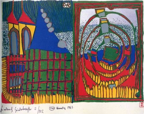 Wikioo.org - The Encyclopedia of Fine Arts - Painting, Artwork by Friedensreich Hundertwasser - House and Spiral in the Rain