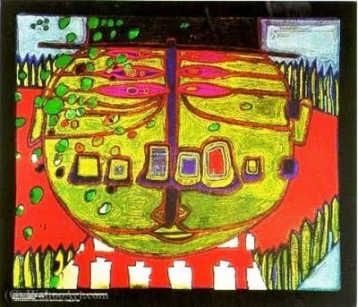Wikioo.org - The Encyclopedia of Fine Arts - Painting, Artwork by Friedensreich Hundertwasser - Three-Eyed Green Buddha with Hat