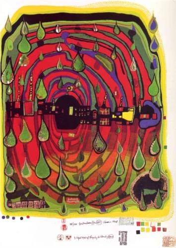 Wikioo.org – L'Enciclopedia delle Belle Arti - Pittura, Opere di Friedensreich Hundertwasser - Un triste Non così triste è Rainshine - Da RAINDAY in una giornata piovosa