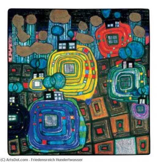 Wikioo.org - The Encyclopedia of Fine Arts - Painting, Artwork by Friedensreich Hundertwasser - Pavilions and Bungalows for Natives and Foreigners