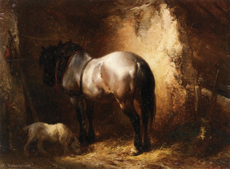 Wikoo.org - موسوعة الفنون الجميلة - اللوحة، العمل الفني Wouterus Verschuur - A Horse in a a Stable