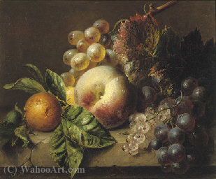 Wikioo.org - The Encyclopedia of Fine Arts - Painting, Artwork by Adriana Johanna Haanen - A peach, medlar, grapes and white currants on a ledge