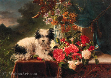 Wikioo.org - The Encyclopedia of Fine Arts - Painting, Artwork by Adriana Johanna Haanen - Camellias and a terrier on a console
