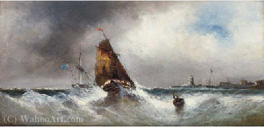 Wikioo.org - The Encyclopedia of Fine Arts - Painting, Artwork by Edwin Hayes - Shipping in squally conditions off a harbour mouth