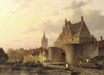 Wikioo.org - The Encyclopedia of Fine Arts - Painting, Artwork by Everhardus Koster - The waterslootpoort at delft at sunset, with the prinsenhof in the distance
