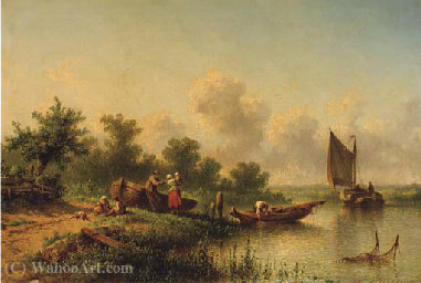 Wikioo.org - The Encyclopedia of Fine Arts - Painting, Artwork by Johannes Hilverdink - A fisherfamily standing by a river on a sunny day