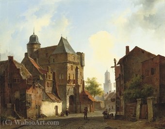WikiOO.org - Encyclopedia of Fine Arts - Maleri, Artwork Johannes Hilverdink - A peaceful town square in summer