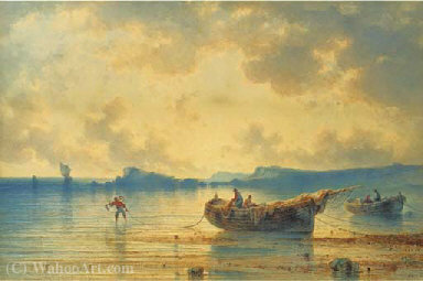 Wikioo.org - The Encyclopedia of Fine Arts - Painting, Artwork by Johannes Hilverdink - Fishermen tending to their nets at sunset