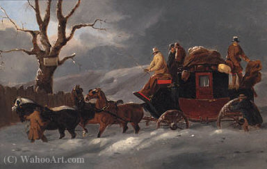 WikiOO.org - Encyclopedia of Fine Arts - Lukisan, Artwork John Charles Maggs - A coach and four in a winter landscape; and a coach and four resting outside a tavern