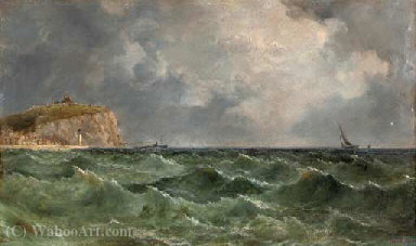 WikiOO.org - Encyclopedia of Fine Arts - Maalaus, taideteos John James Wilson - Sailing off a coast with a lighthouse