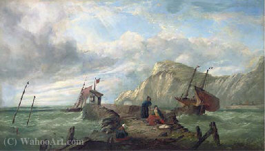 WikiOO.org - Εγκυκλοπαίδεια Καλών Τεχνών - Ζωγραφική, έργα τέχνης John James Wilson - Waiting for the return of the fishing fleet