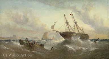 Wikioo.org - The Encyclopedia of Fine Arts - Painting, Artwork by William Calcott Knell - A merchantman ashore off dunstanburgh castle