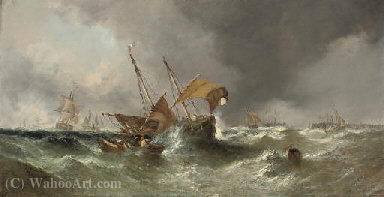 Wikoo.org - موسوعة الفنون الجميلة - اللوحة، العمل الفني William Calcott Knell - Congested waters at the harbour mouth