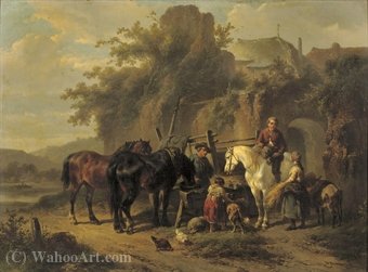 Wikioo.org – La Enciclopedia de las Bellas Artes - Pintura, Obras de arte de Wouterus Verschuur - La alimentación de los caballos por una pared vieja de la ciudad