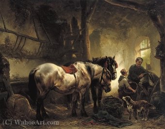 Wikioo.org - The Encyclopedia of Fine Arts - Painting, Artwork by Wouterus Verschuur - Sadling the horses