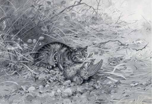 Wikioo.org - Die Enzyklopädie bildender Kunst - Malerei, Kunstwerk von George Edward Lodge - Eine Wildkatze mit seiner töten
