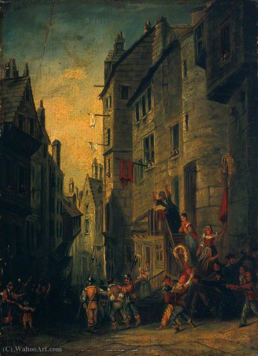 Wikioo.org - The Encyclopedia of Fine Arts - Painting, Artwork by Thomas Allom - Condemned Covenanters on Their Way to Execution in the West Bow, Edinburgh